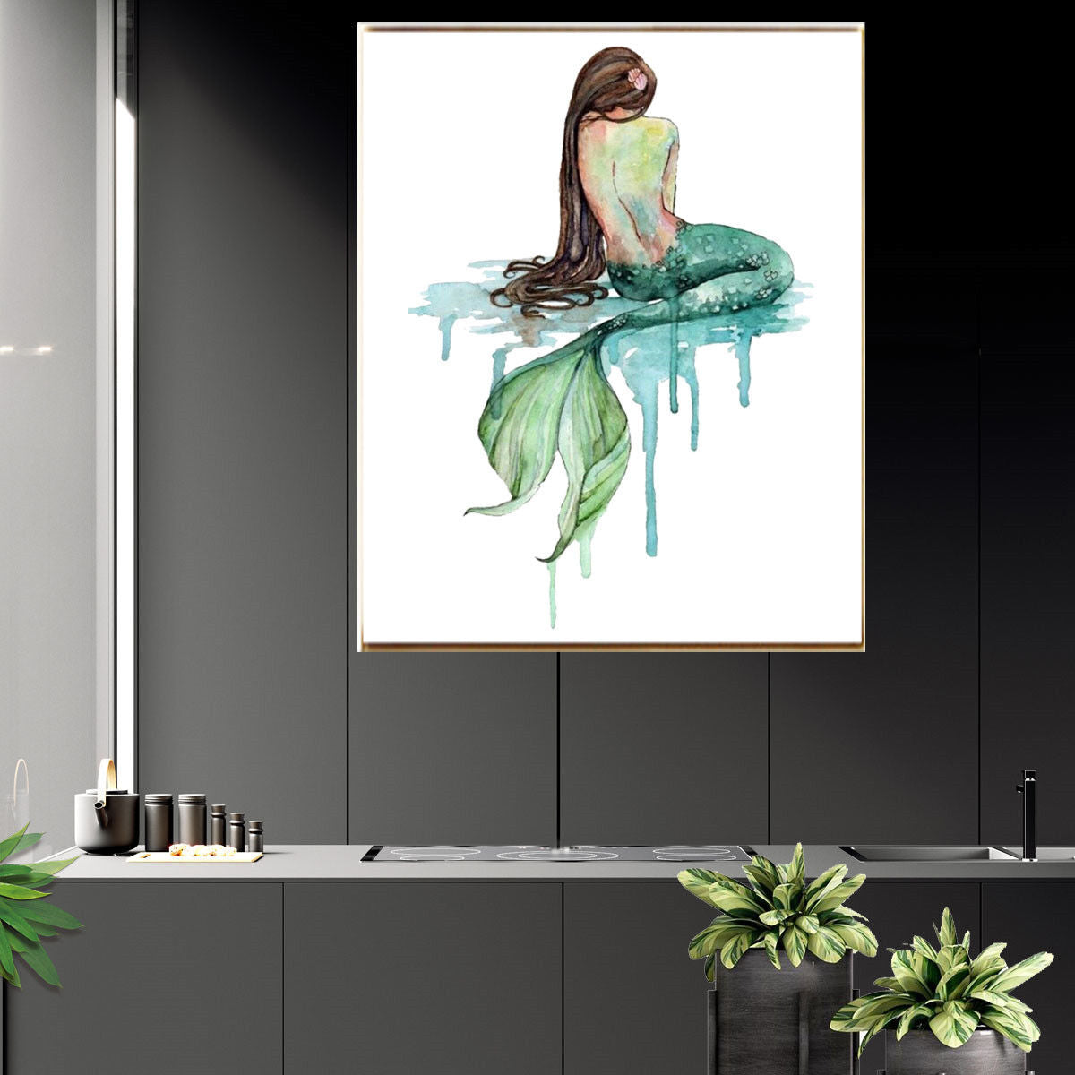 30X40cm Green Mermaid Canvas Poster Home Bedroom Wall Room Kids Room Decor