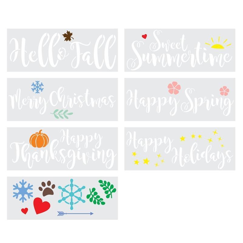 7 Pcs Hollow-out PET Template Holiday Party Graffiti Stencils for DIY Decoration