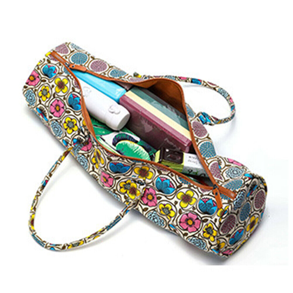 Fitness Yoga Mat Holder Bag Canvas Yoga Storage Carrier (Yellow Flower)