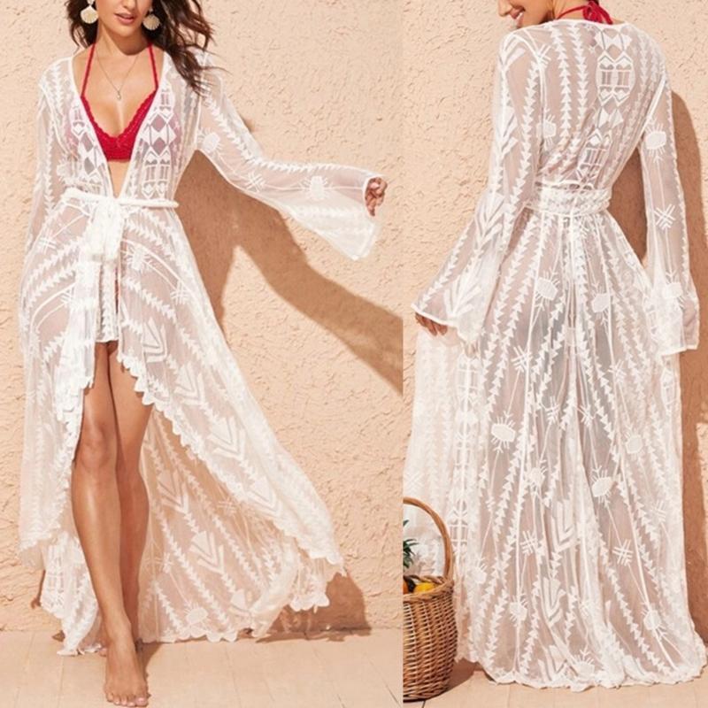 Women Flare Sleeve Cardigan Striped Lace Beach Dress Flowy Swimsuit Cover Up