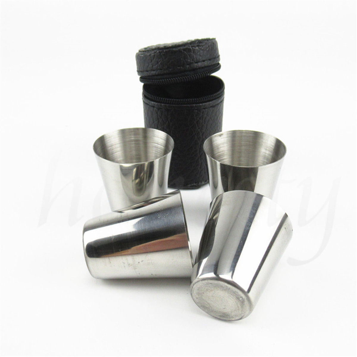 4pcs Camping / Travel Stainless Steel Shot Glass Set with PU Leather Case Cover