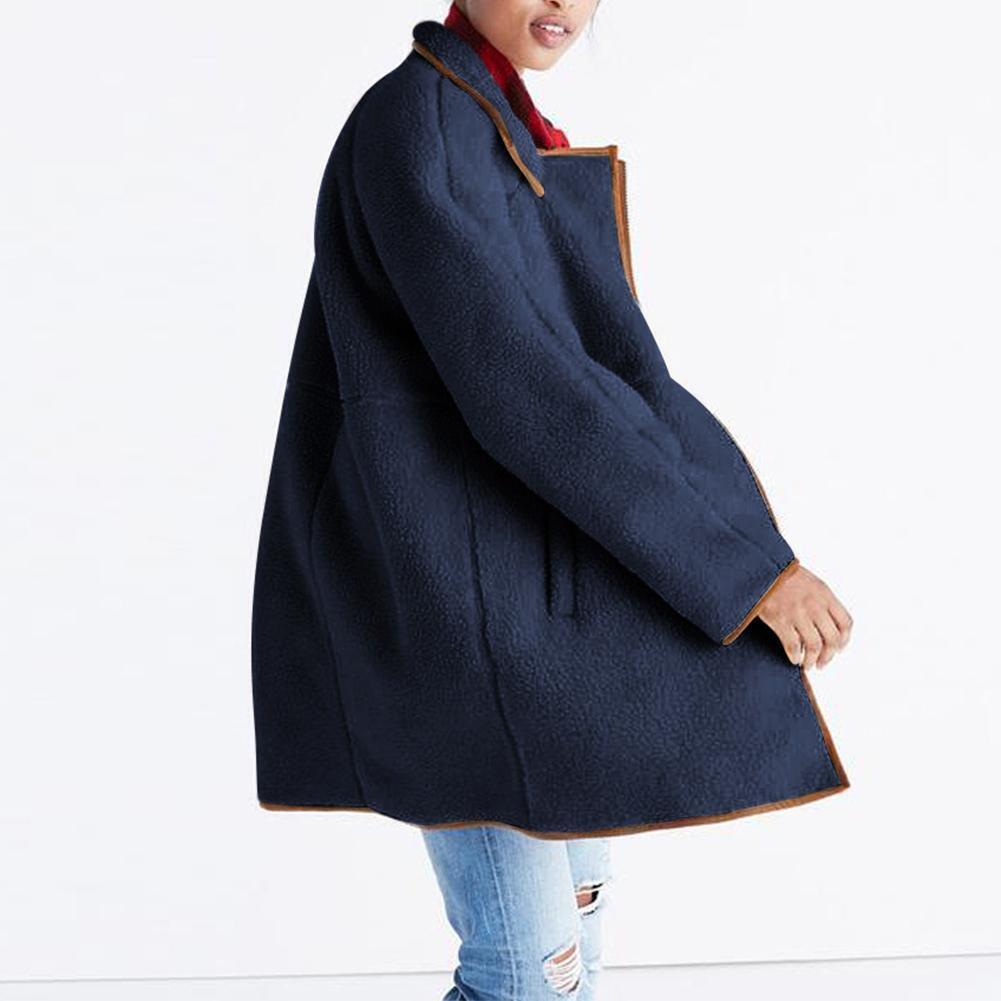 Splicing Color Long Sleeve Coat High Neck Women Zip Outwear (Dark Blue XL)