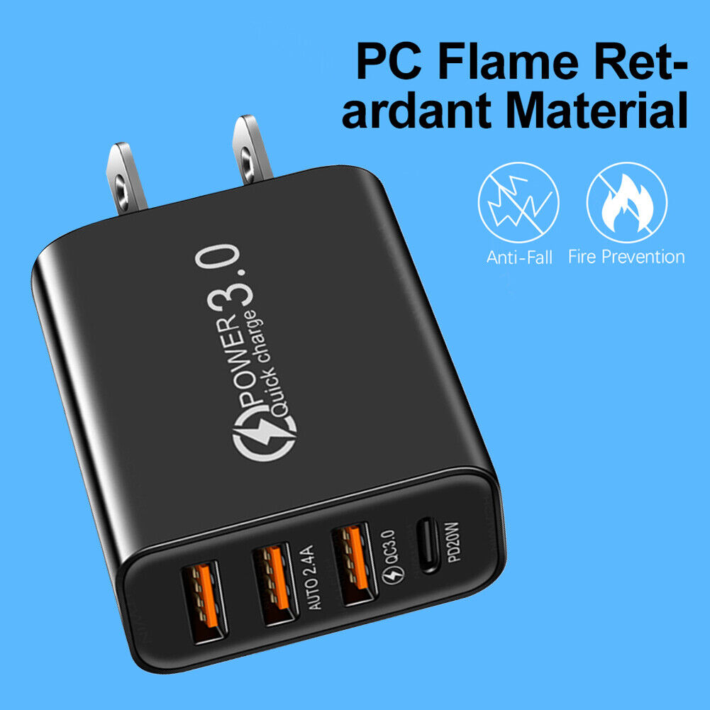 3USB+PD20W Type-C Phone Charger Smartphone Charging Adapter (US Plug Black)