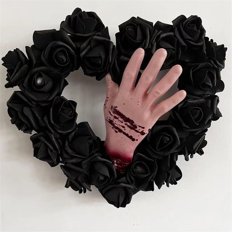 Black Halloween Wreath Heart Wreath Door Wreath with Bloodstain Hand Rose Decor