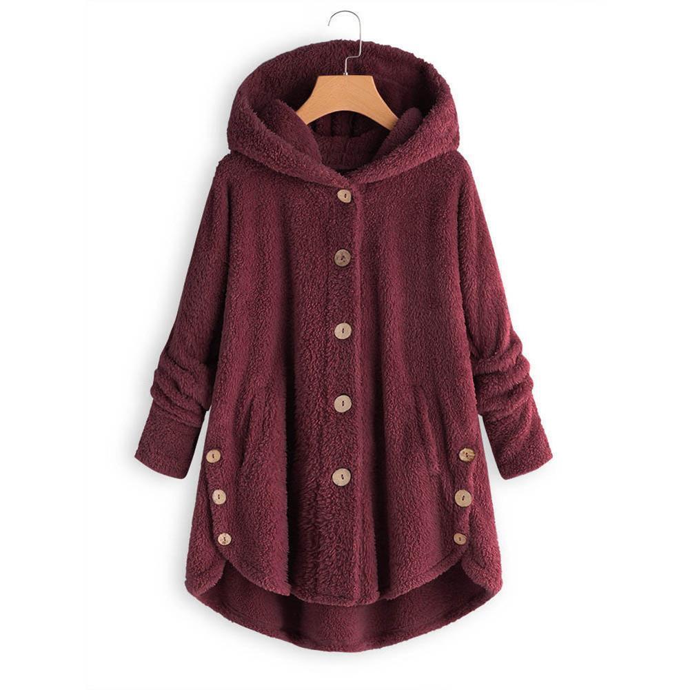 Solid Color Hoodies Overcoat Irregular Coat Women Outwear (Wine Red 2XL)