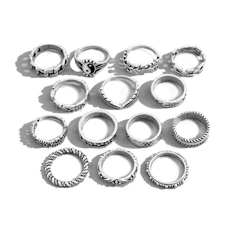 14 Pcs Neo-Gothic Rings Knuck-le Stacking Rings Yin Yang Ring Elephant Star Moon