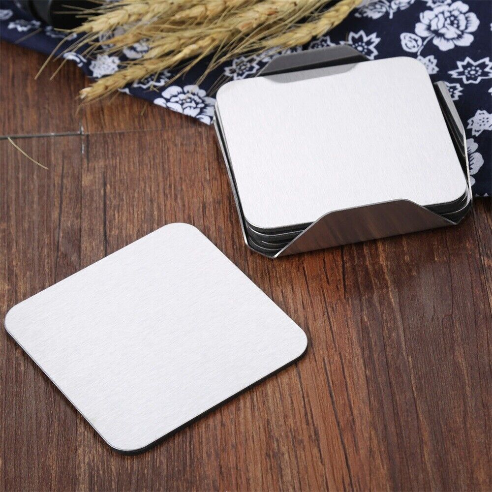 6pcs/Set Stainless Steel Coaster Cup Mats Pads Non-slip Pad With Holder Square