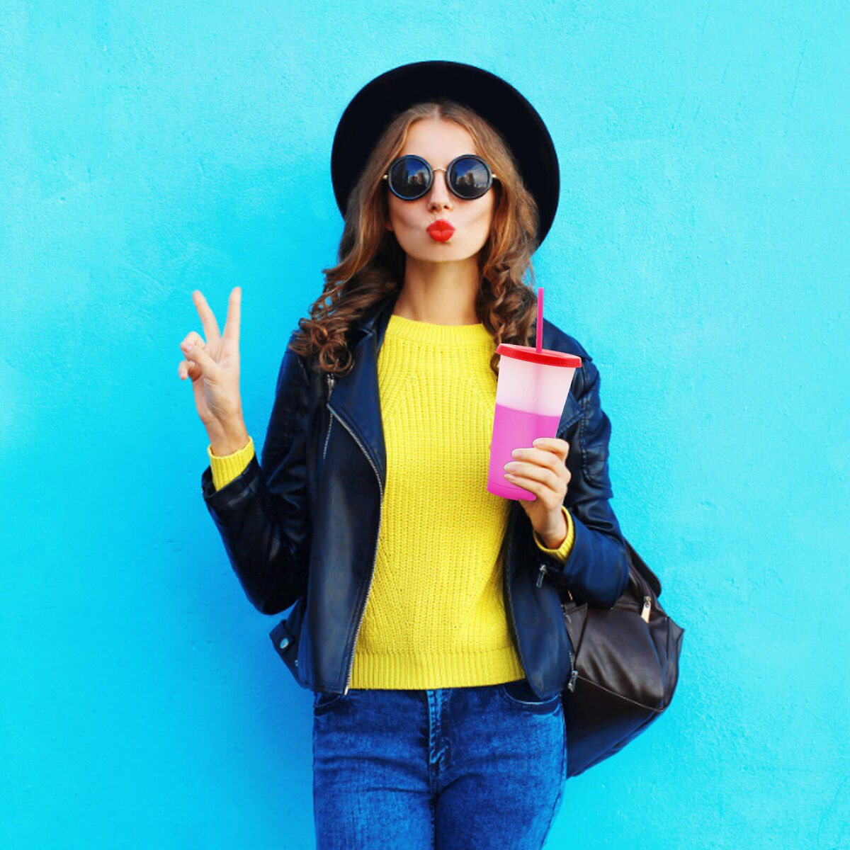 Plastic Color Changing Cup Cold Drink Sensing Travel Tumbler with Straw (C)