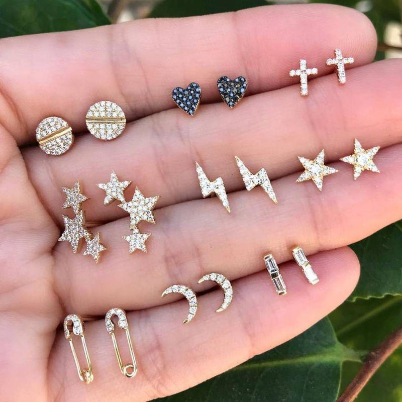 9Pcs Bohemian Cross Heart Stars Moon Squar Honeymoon Crystal Stud Earrings Kit