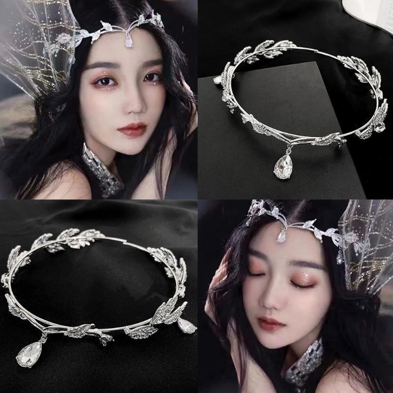 Wedding Bride Forehead Tiara Headband Crystal Leaf Hairband Fairy Jewelry Crown
