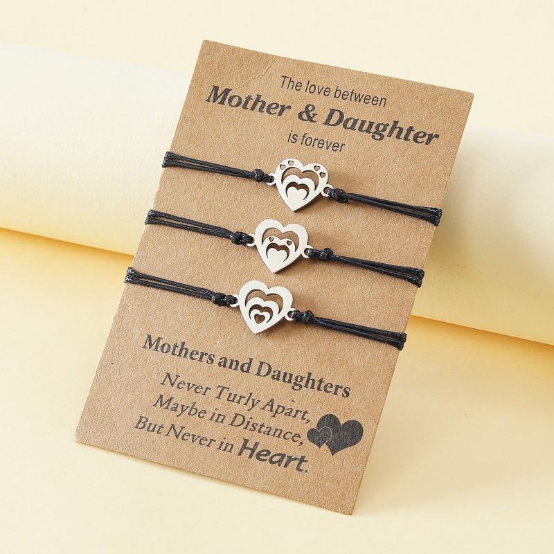 3Pieces/set Personality Stainless Steel Hollow Double Heart Bracelet Mother Son