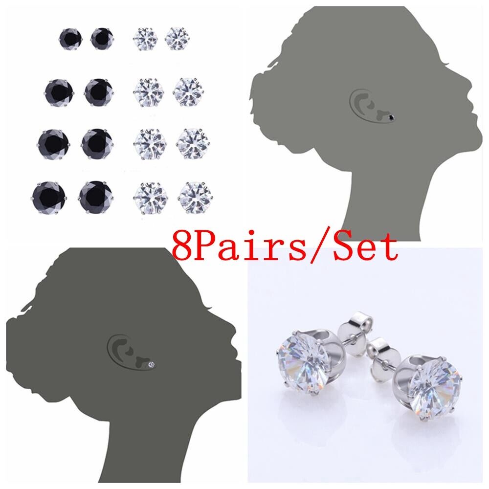 8Pairs/Set Fashion Men&Women White Black Earrings Zircon  Six Claws Ear Studs