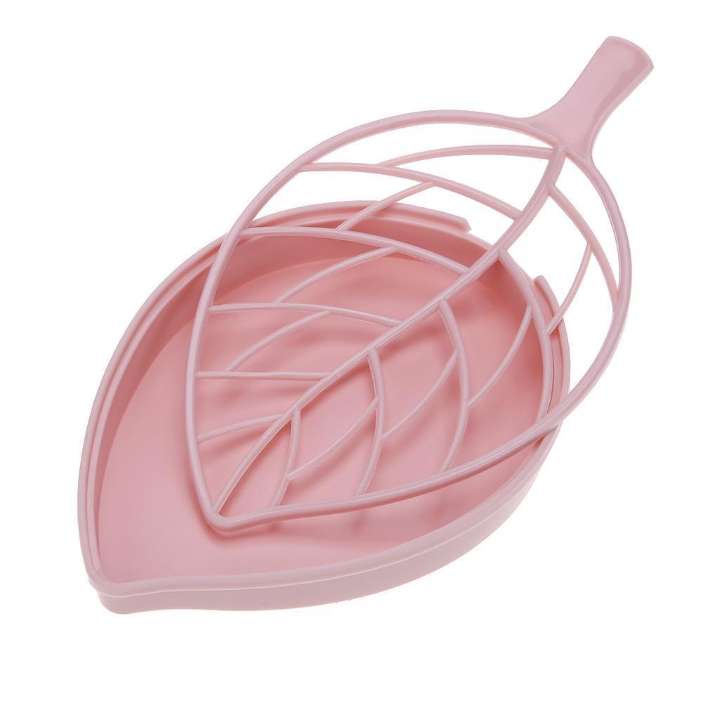Double Layer Leaf Shape Drain Soap Box Soap Storage Holder Container(Pink)