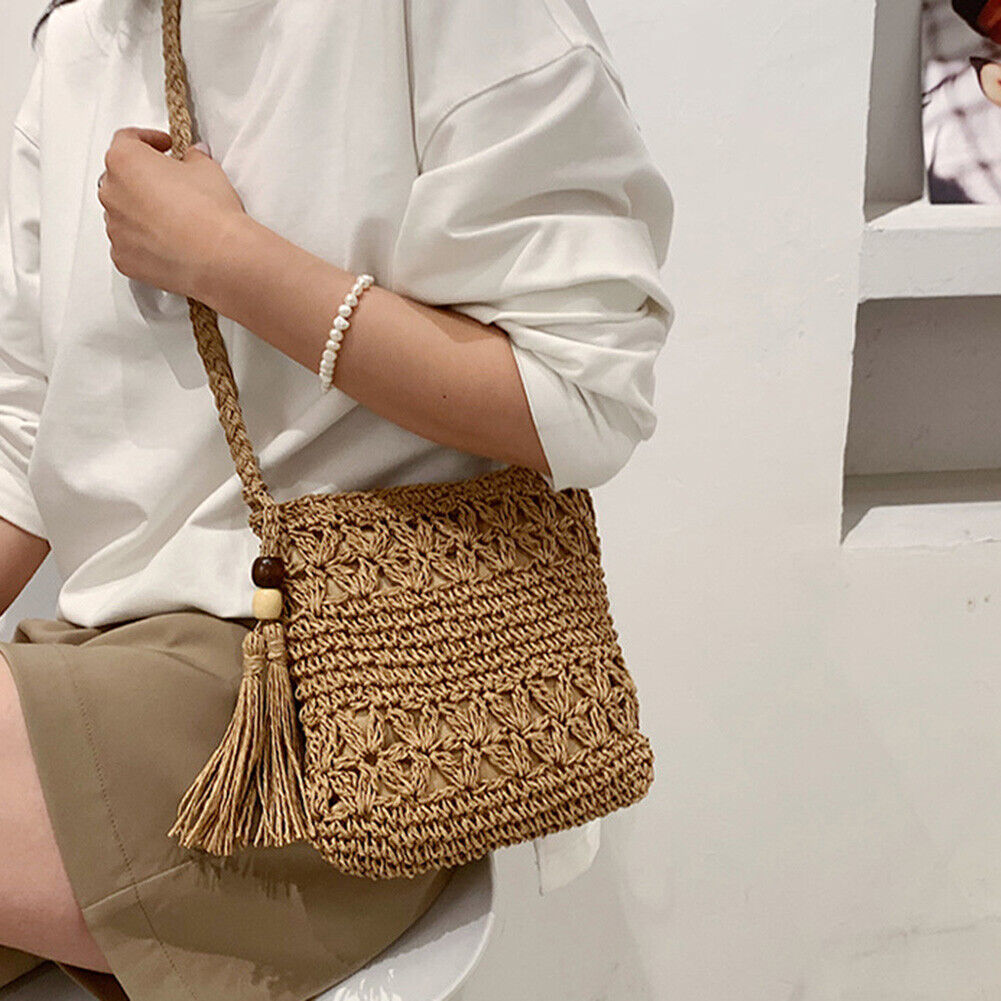 Woven Straw Crossbody Bag Small Women Boho Summer Handbag (Square Khaki)