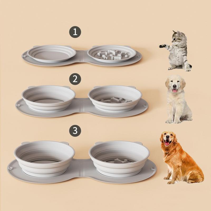 Foldable Dog Double Bowl Eco-Friendly Dog Cat Water Bowl for Traveling Hiking