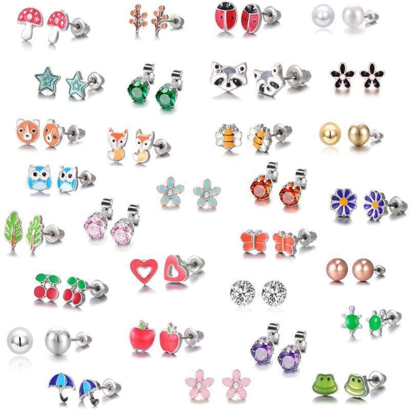Mixed Heart Star Earrings 30-Pair Stainless Steel Umbrella Stud Earrings Jewelry