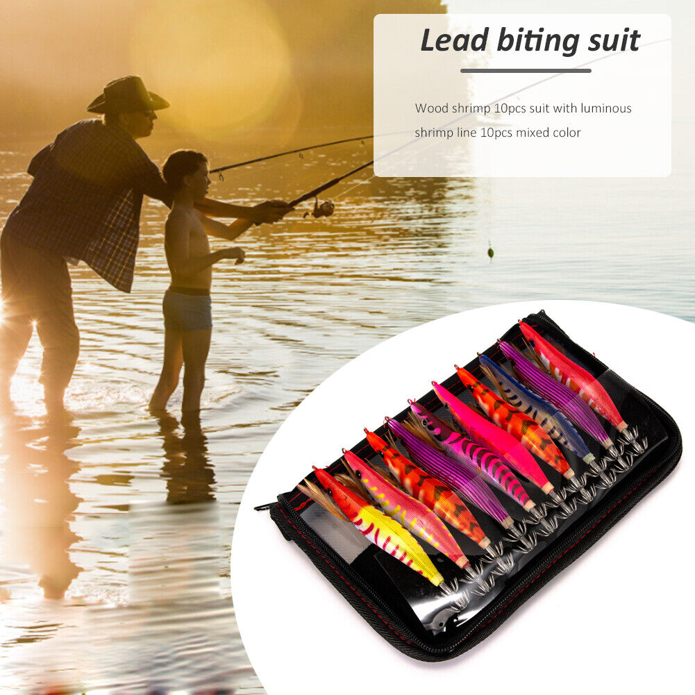 10pcs Wooden Shrimp Jig Hook Squid Cuttlefish Jigging Lures Fishing Baits