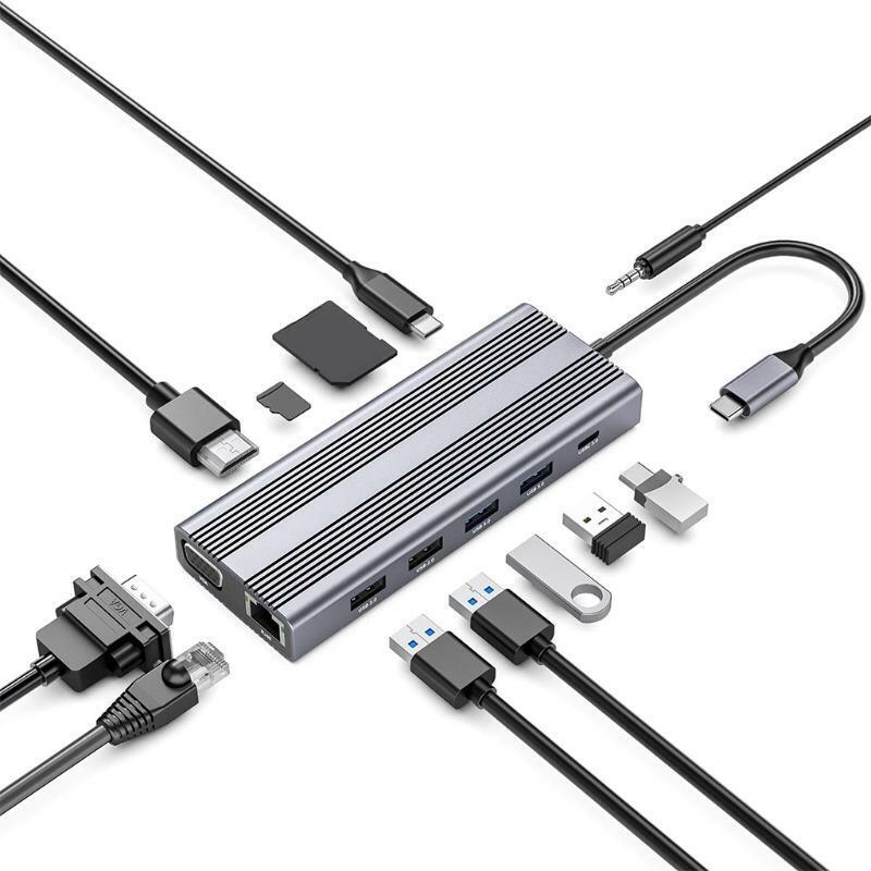 12-Port Portable 3.0 USB C Hub Support 4K 30Hz Video Transmission for Mobile HDD