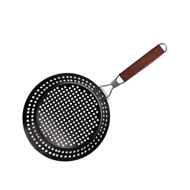 Round Grilling Basket with Wooden Handle Foldable Non-Stick Grill Skillet Pan
