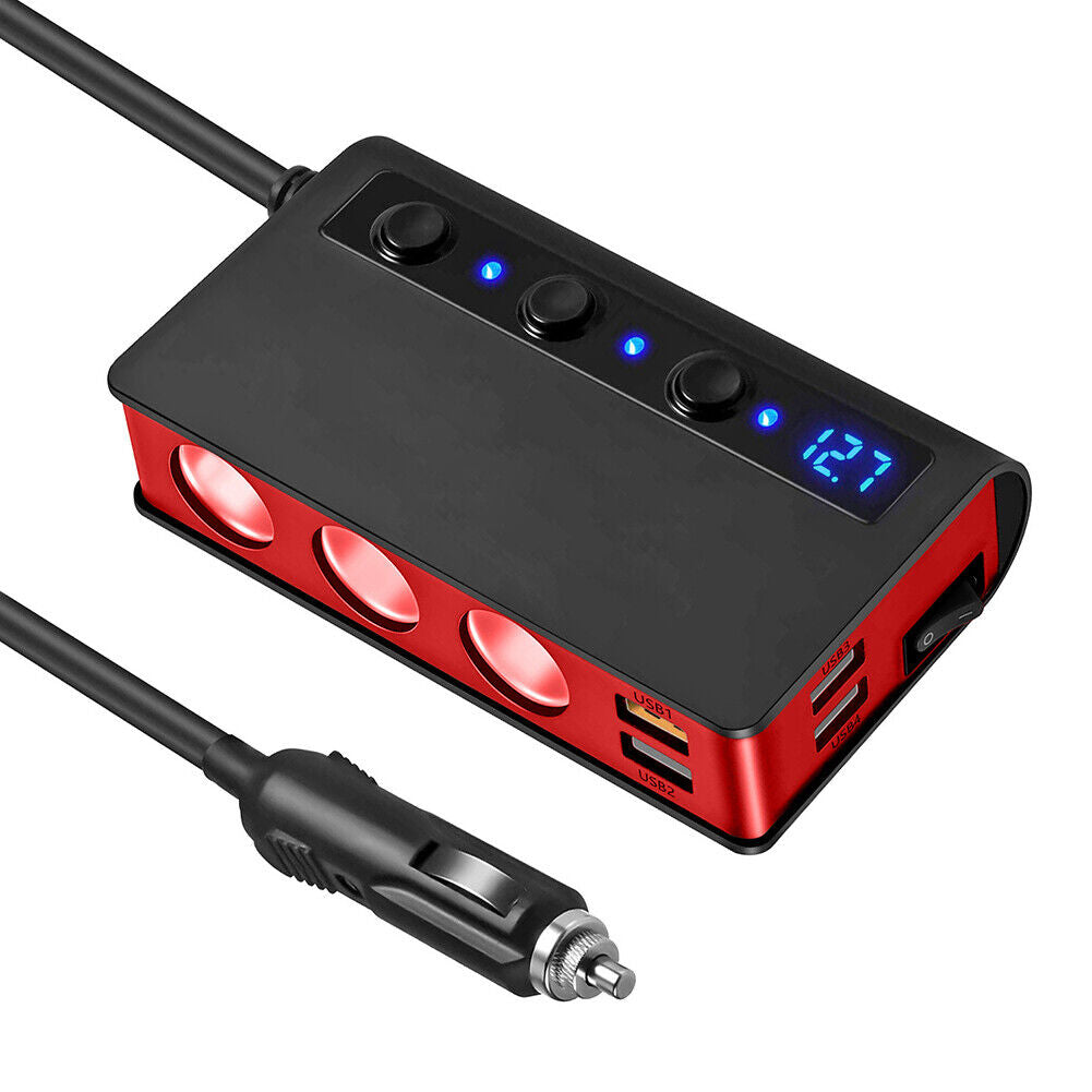 QC3.0 Cigarette Lighter 3 Socket 180W Power Adapter USB Car Charger (Red)