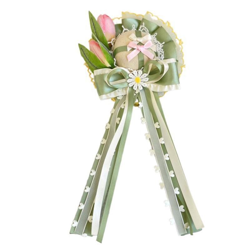 Lolita Green Tulip Hairpin Pink Flower Lace Top Hat Surprise Gift for Girlfriend