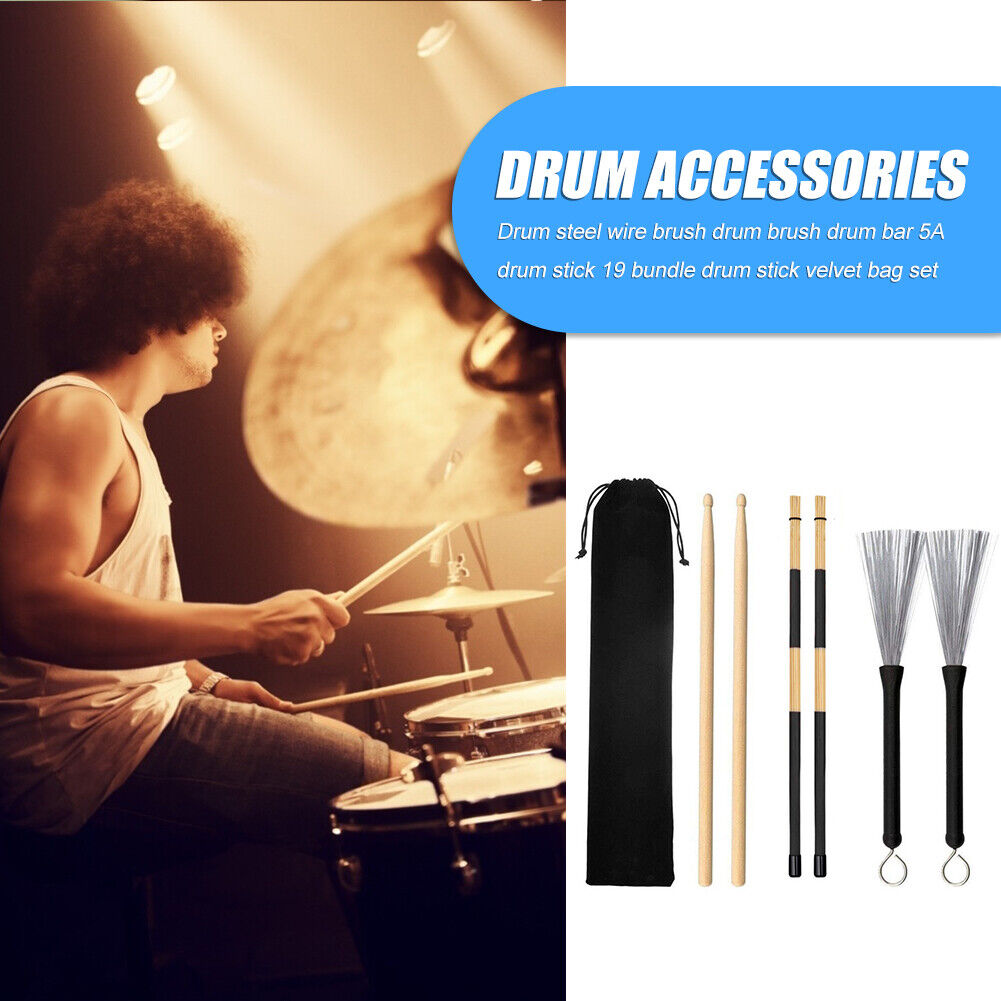 6x Drum Sticks Wood Drumsticks Wire Brush w/Carry Bag Percussion Instrument