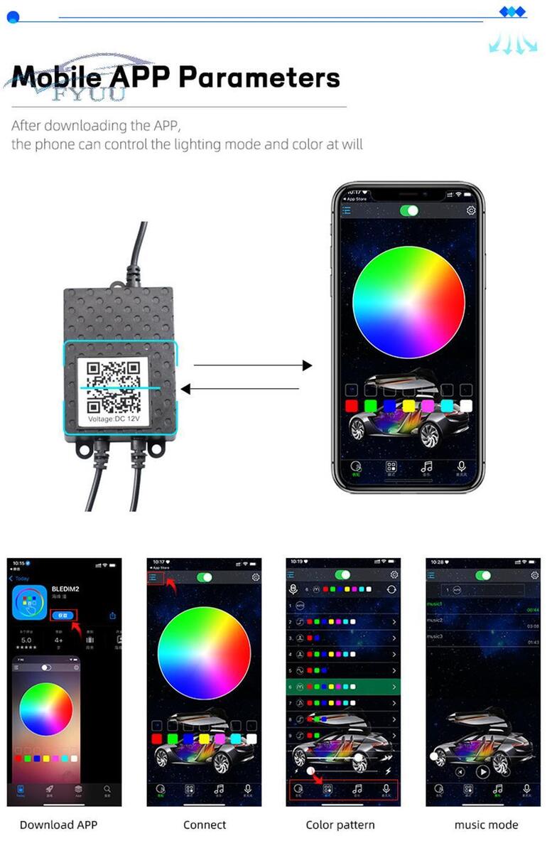 6 In 1 Car Interior LED Ambient Light Fiber Optic Strips Light Music App Control