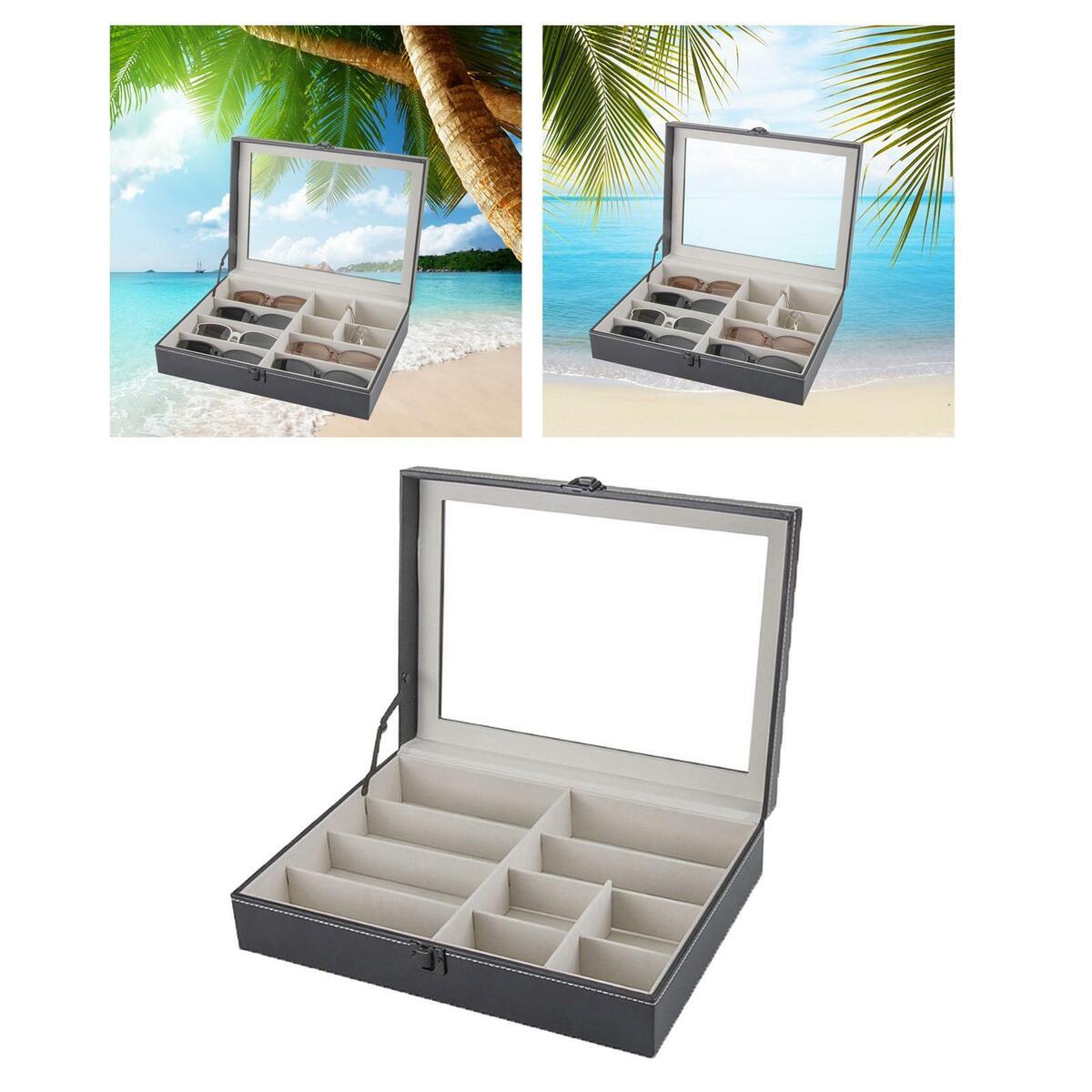 8 Slots Sunglasses Organizer Display PU Leather Holder Organizer Transparent Lid