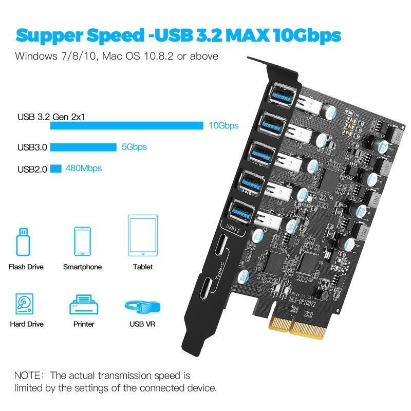 7 Ports USB3.2/3.1 PCIE Expansion Card for Desktop PC w/ 2 Type-C + 5 Type A