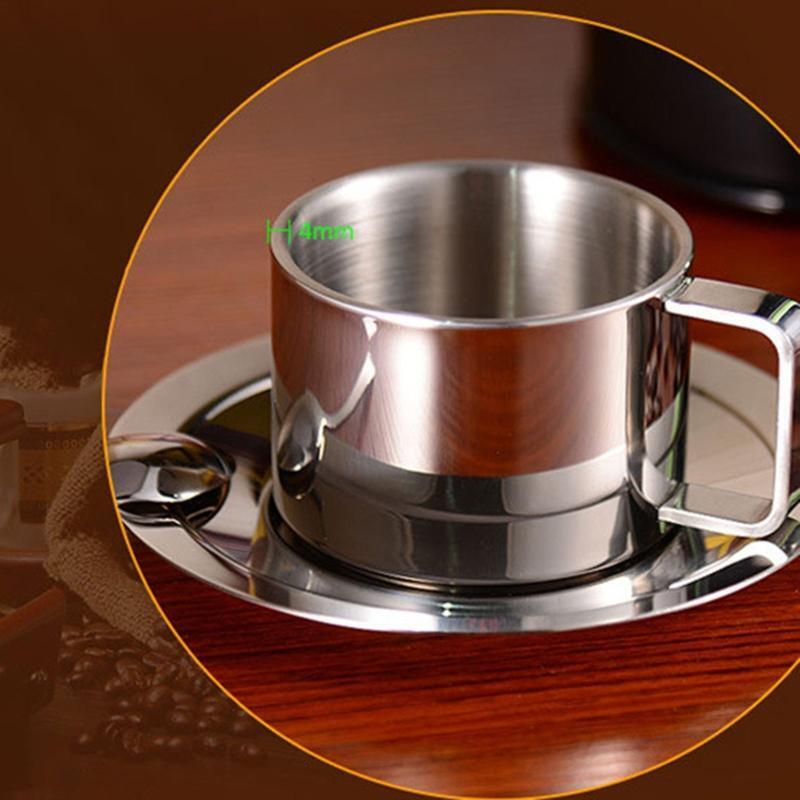 Stainless Steel Coffee Cup Set Double Walled Coffee Mugs with Saucer and Spoon