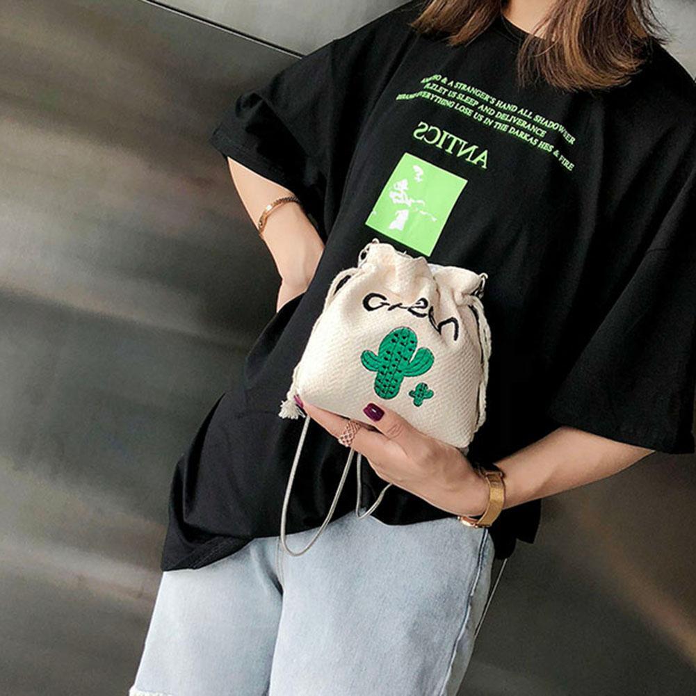 Cactus Embroidery Straw Crossbody Bucket Mini Women Chain Shoulder Bags
