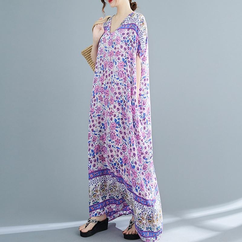 Women Loose Kaftan Swimsuit Cover Up Short Sleeve V-Neck Floral Beach Maxi Dress