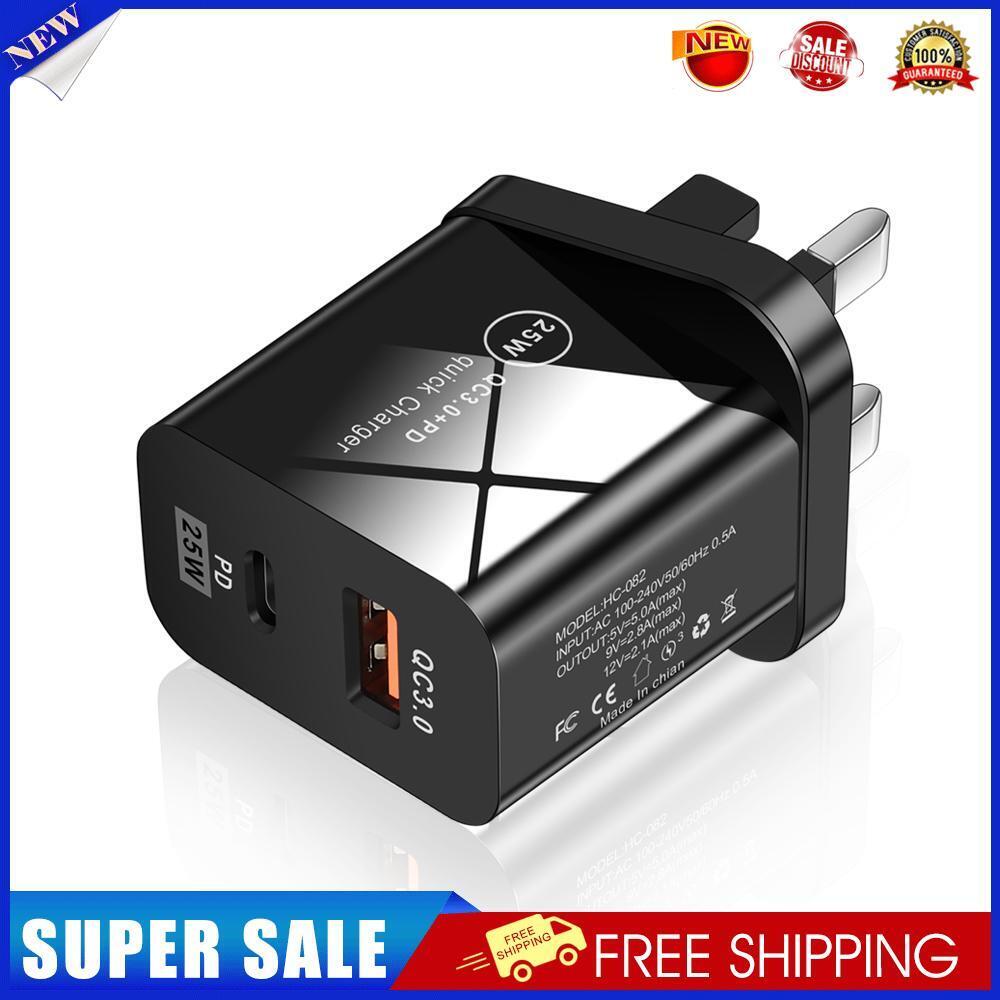 25W QC3.0+PD Dual Port Type-C Phone Fast Charger Charge Adapter (UK Black)