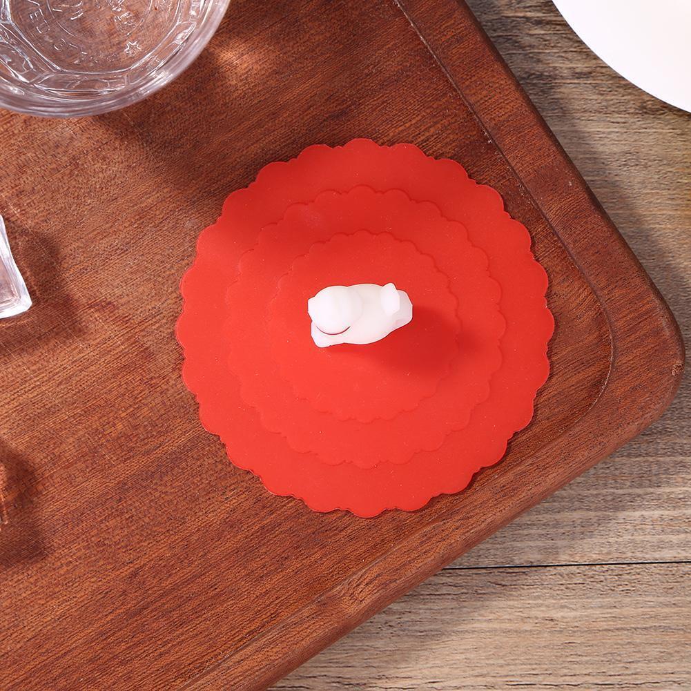 Clear Red Cherry Silicone Cup Cover Leakproof Reusable Cartoon Lid (Cat)