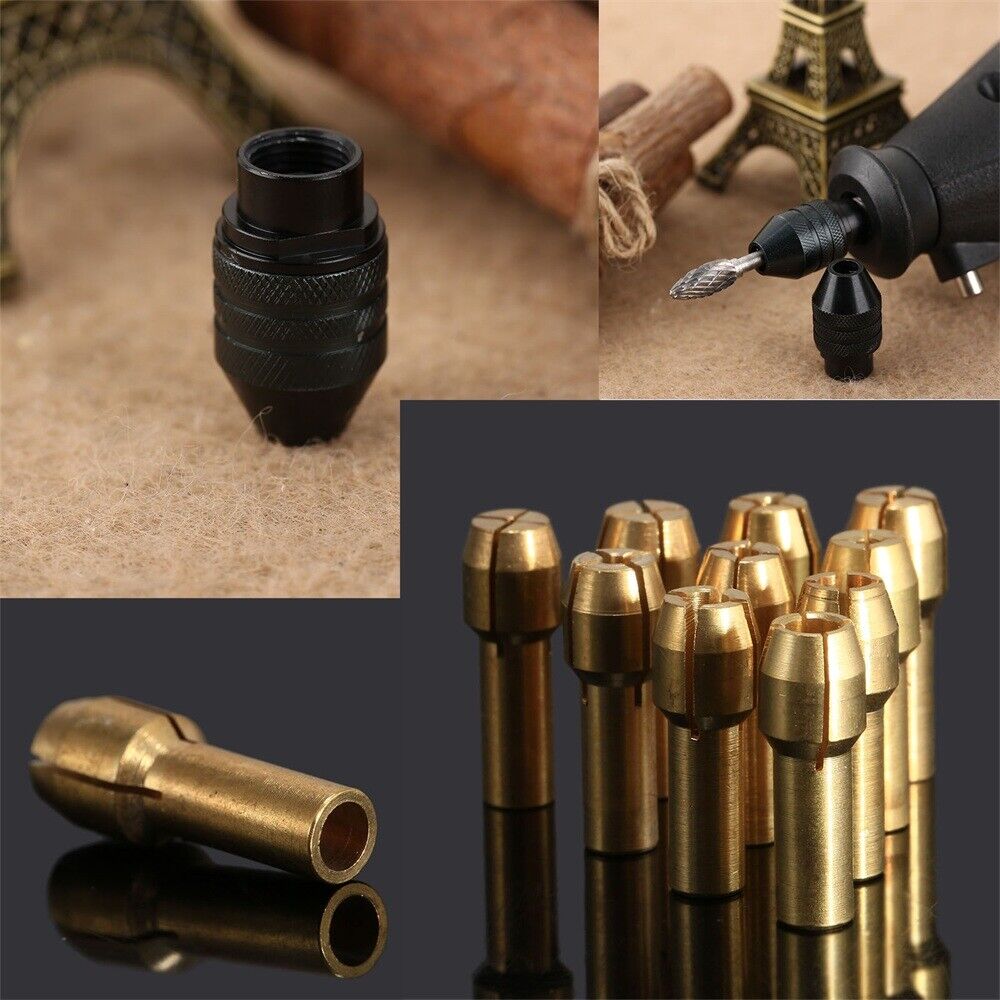 10pcs 0.5-3.2mm Brass Collets 4.8mm Shank & Keyless Drill Chuck Rotary Tool C6B