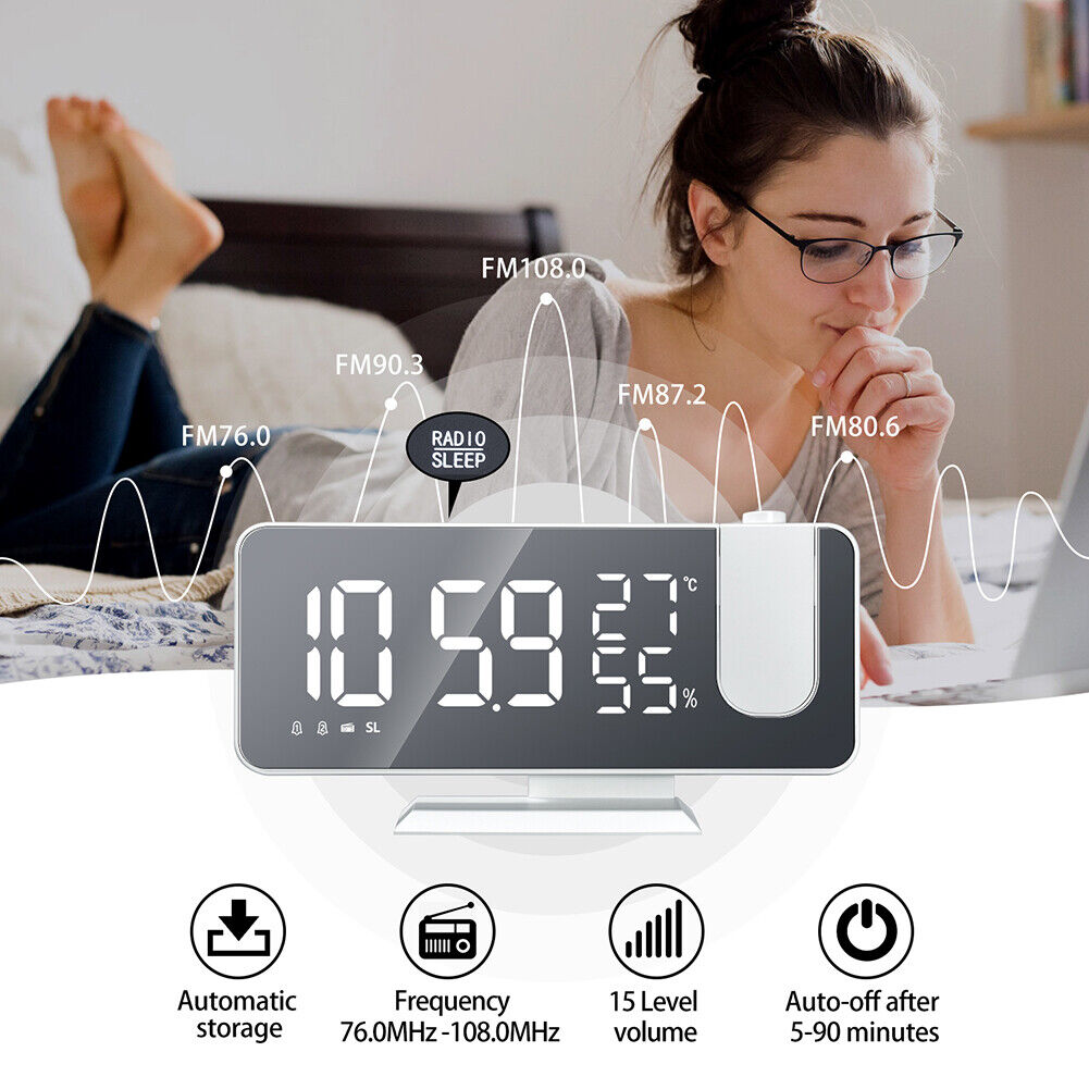 Digital FM Radio Projection Alarm Clock Smart LED Electric Desk Watch (C)