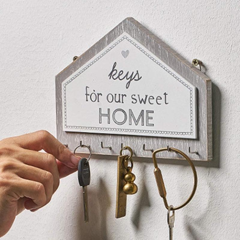 Wooden Key Holder Wall with 7 Hooks Organizer Wall Plaque Distressed Decorations