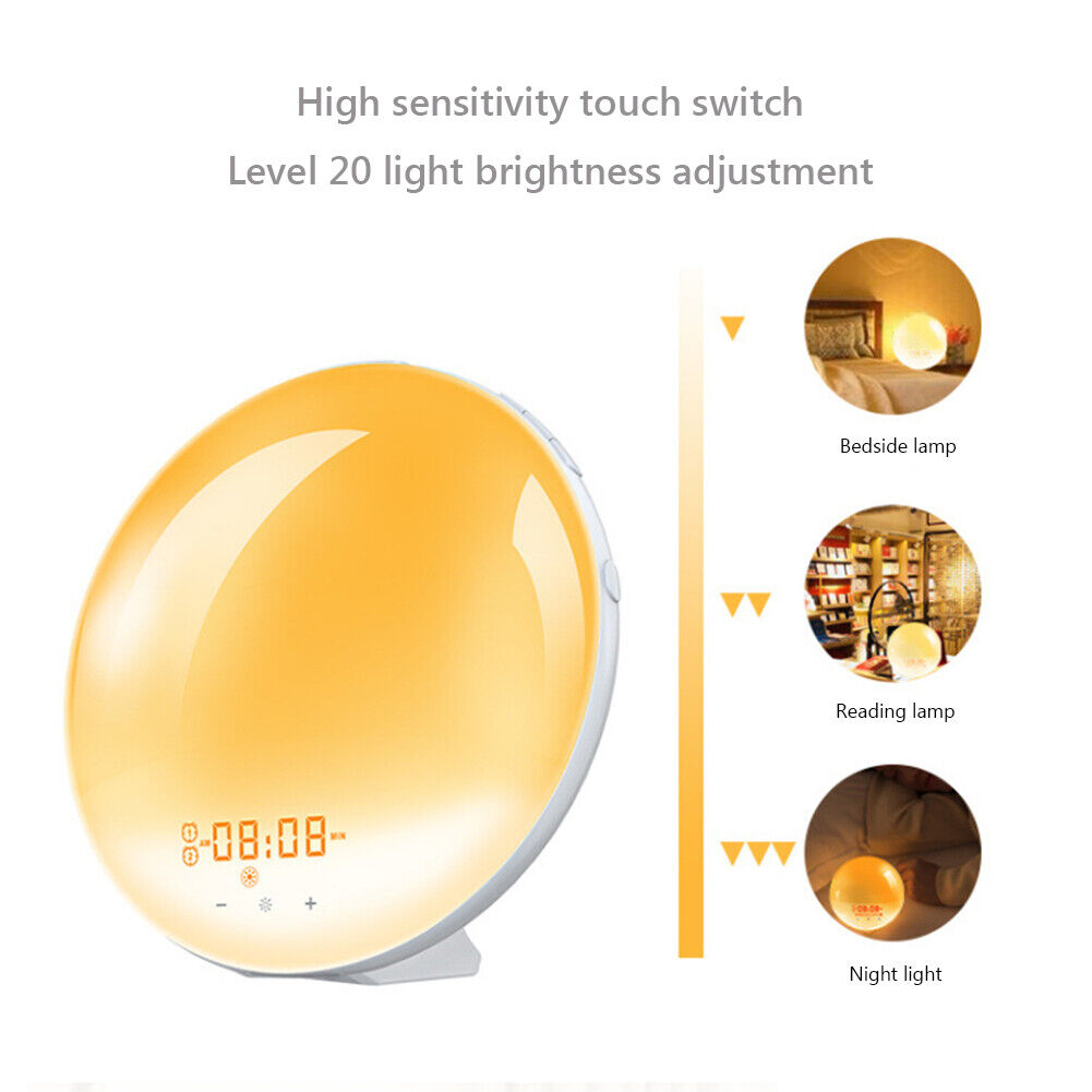 Smart Wake Up Light Digital Clock 7 Colors Sunrise Sunset FM Radio LED Lamp