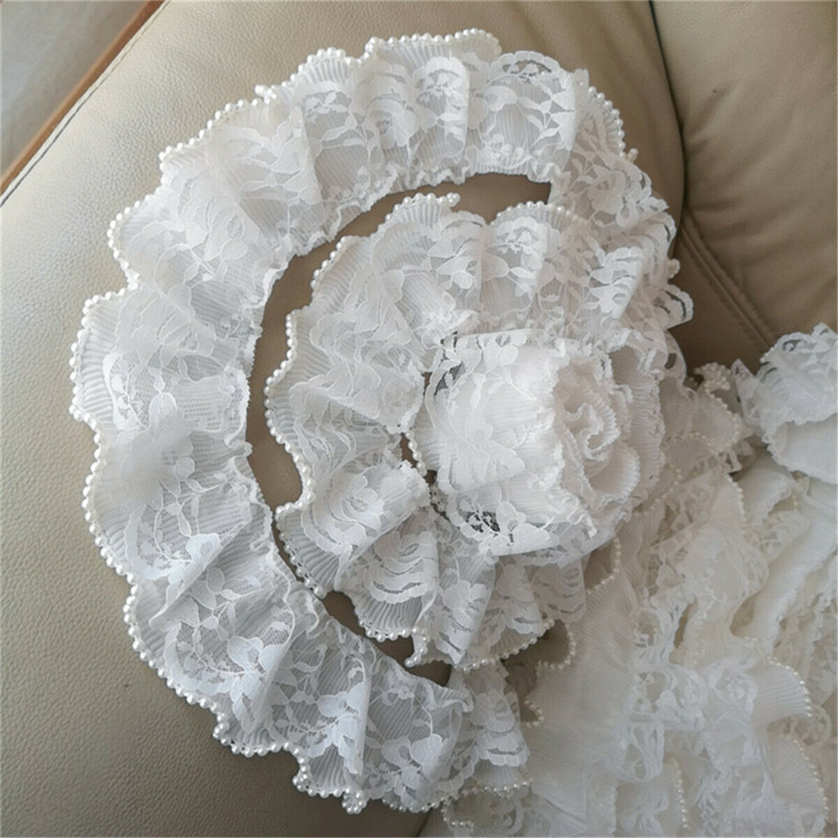 50cm Polyester 2-Layer Bead Pleated Lace Trim Ribbon Dress Cuff Sewing DIY Craft