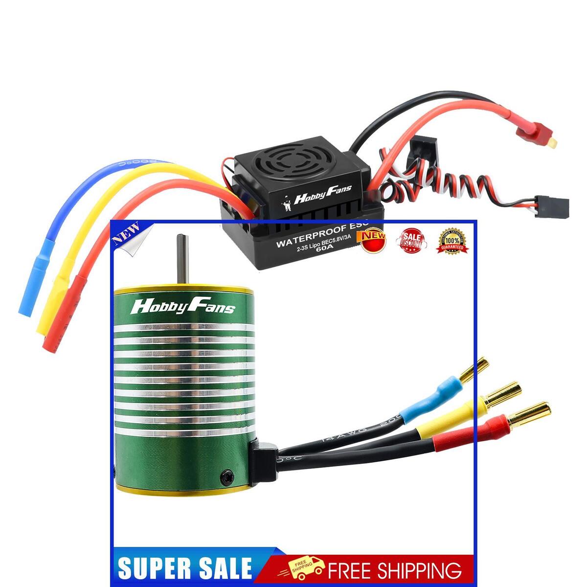 HOBBYFANS Waterproof 3650 4300KV Brushless Motor 60A ESC for 1/10 RC Car