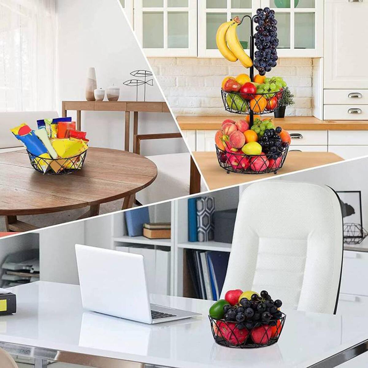 Metal Fruit Basket with Banana Hanger 2 Tier Storage Holder for Counter Home
