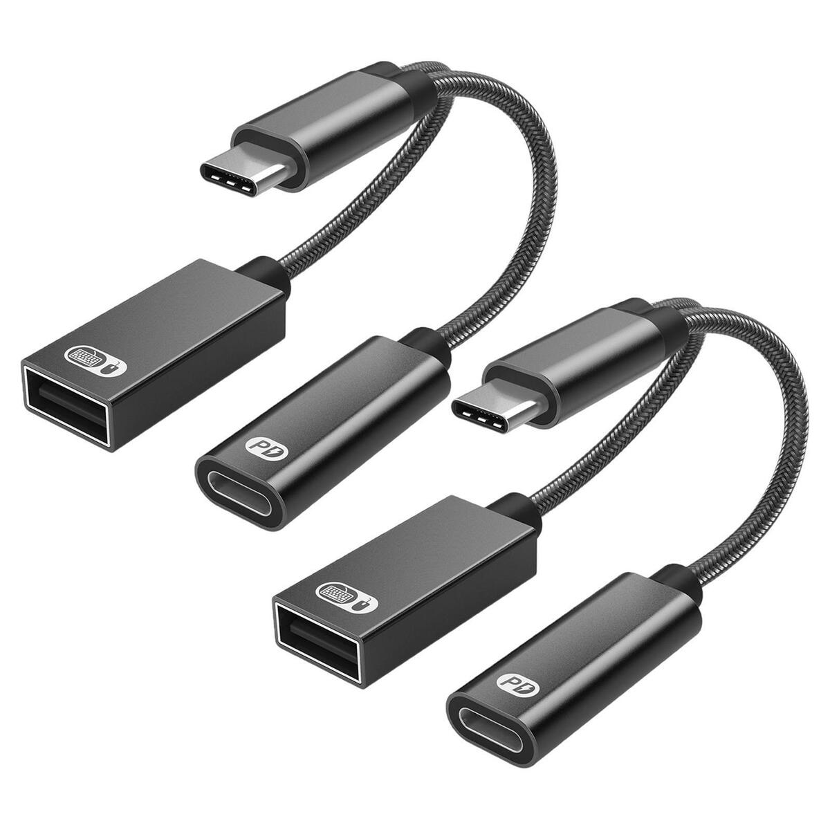 2x  OTG Adapter with Fast Charging Braided Cord PD 60W for Laptop black