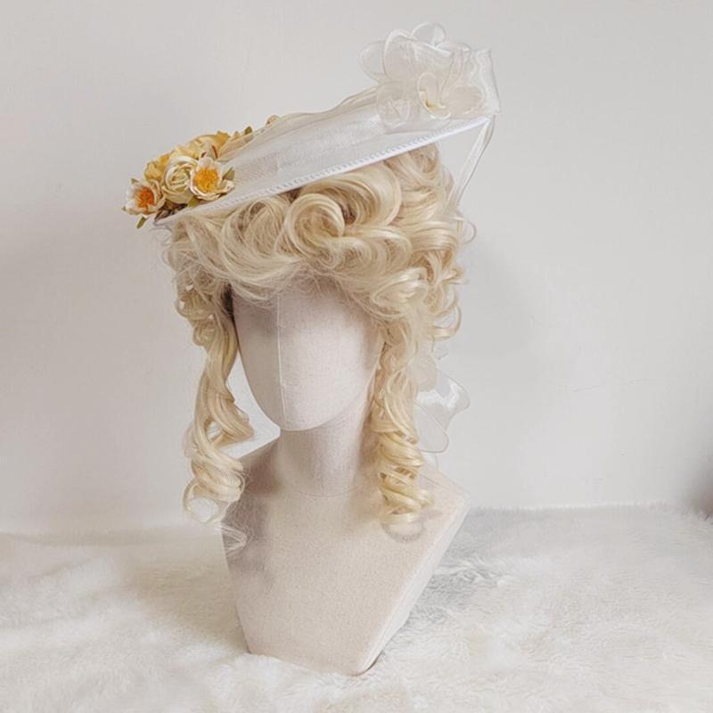 Lolita Flat Top Hat Sweet w/Light Yellow Flowers All-match for Girl Women Accs