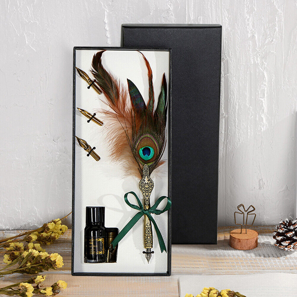 Feather Writing Quill Pen Ink Bottle Set Collection Calligraphy Stationery
