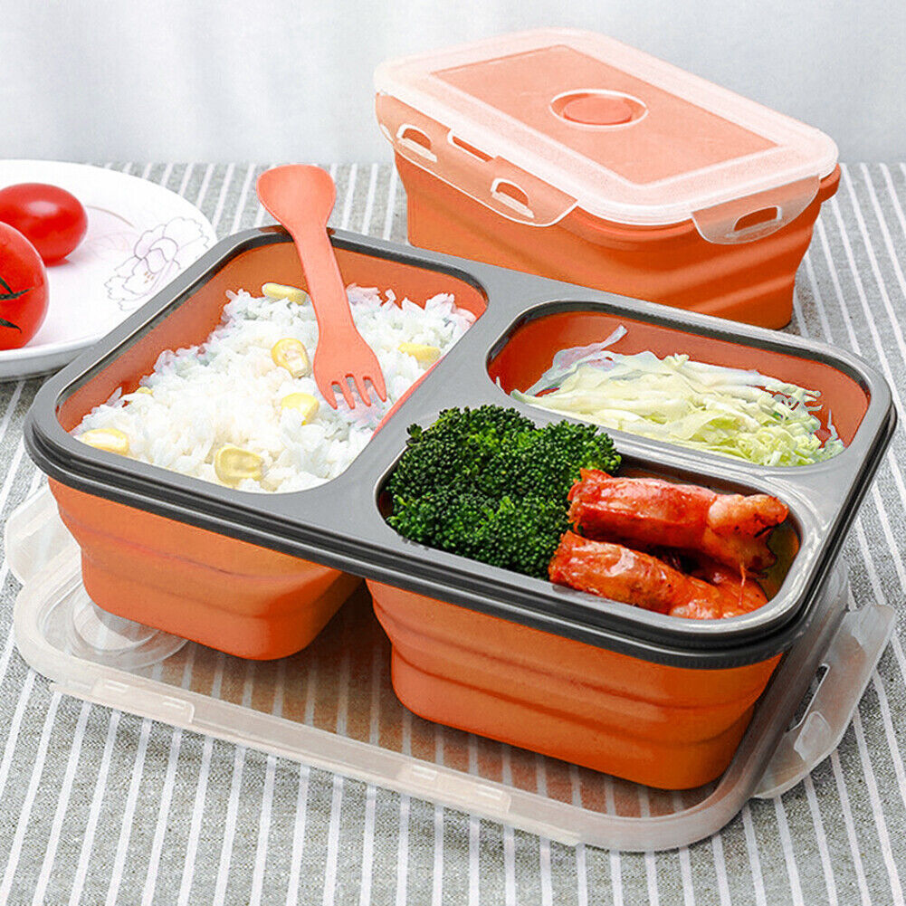 1350ml Silicone Rectangle Lunch Box Collapsible Bento Folding Bowl (Orange)