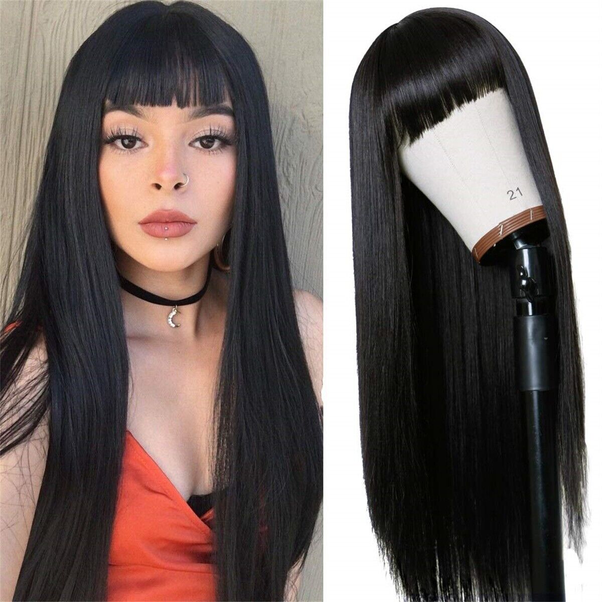 Long Straight Wig with Bangs Fringe for Women Brazilian Remy Human Hair Wigs