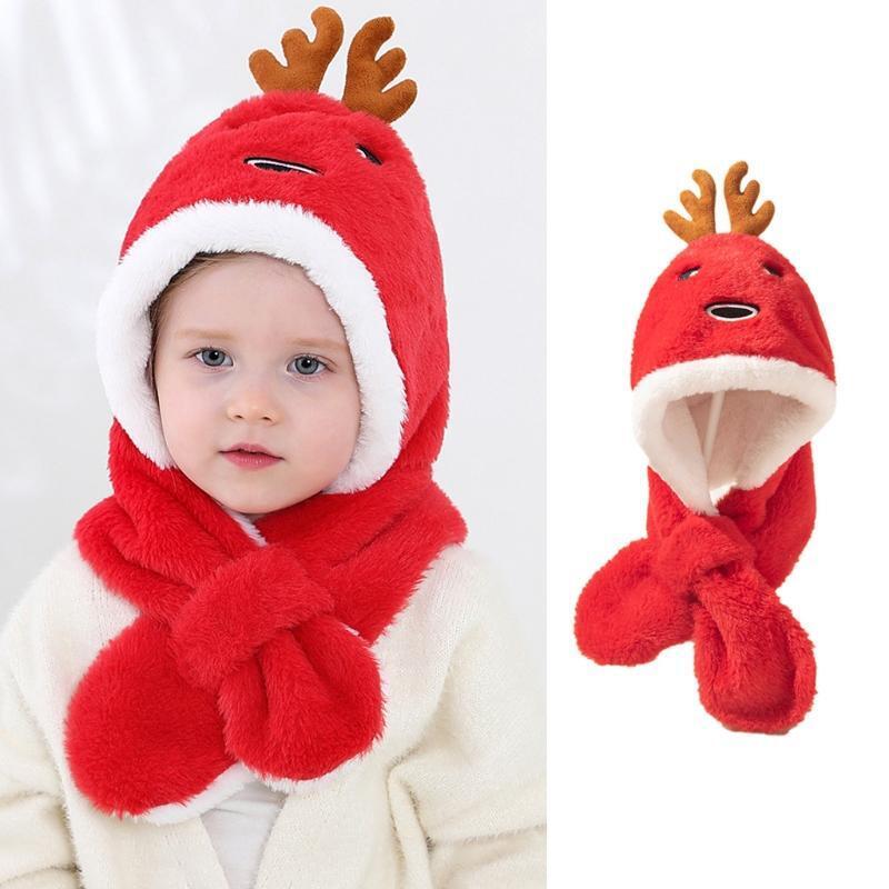 1-4Y Windproof Hooded Scarf Deer Winter Hat Scarf One Piece Head Warmer Fleece