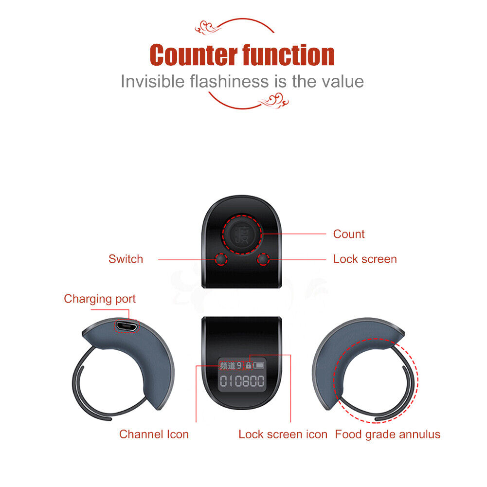 Portable Electronic Counter Ring USB Rechargeable 9-Digit Clicker (Black)