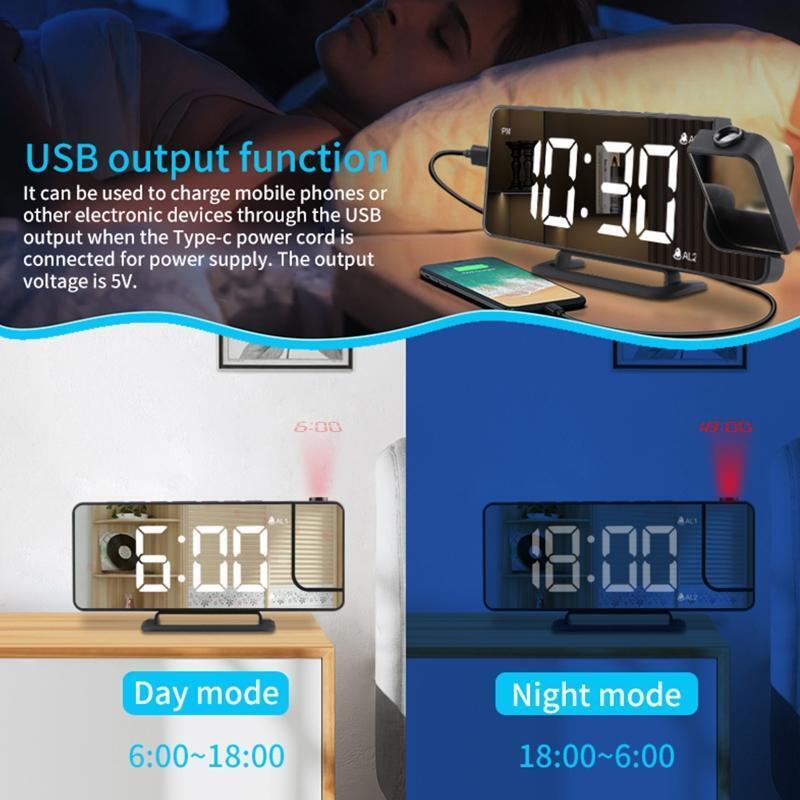 Digital Projection Rechargeable Mirror Alarm Clock with USB Charger LED Display