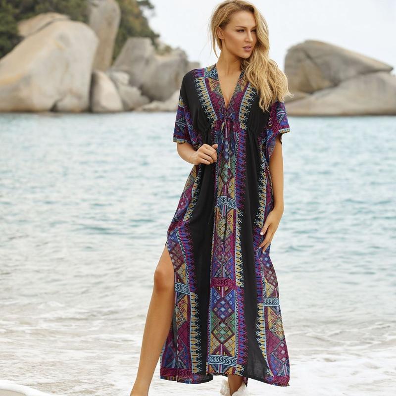 Women Geometry Print Boho V-Neck Bikini Cover Up Half Sleeve Beach Dress Kaftans